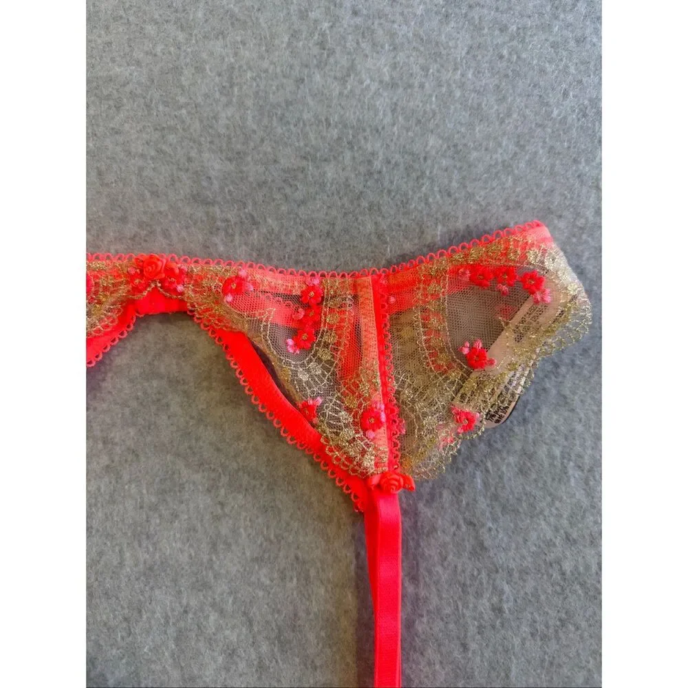 Victoria secret hot pink gold rose garter M/L